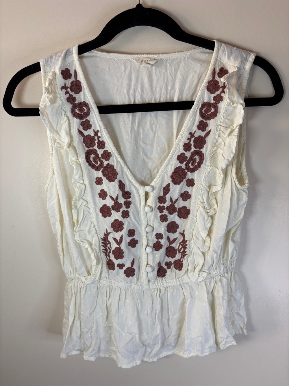 Embroidered V-Neck Peplum Camisole - Cream with Brown Floral